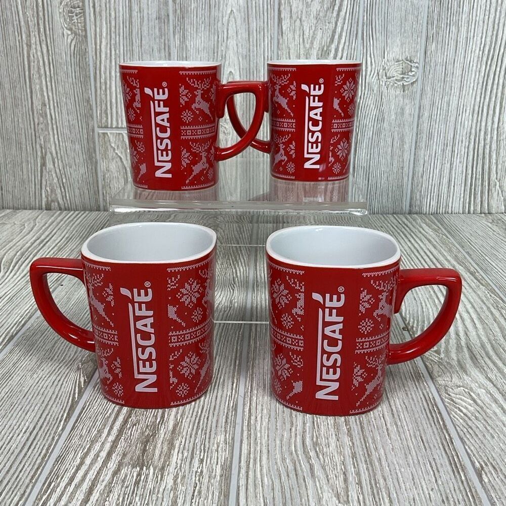 Nestle Nescafé Holiday Red 11oz Coffee Mug Set of 4 Snowflake Reindeer Ceramic